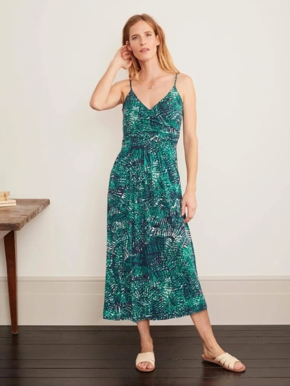 Boden Green Tropical-Print Midi Dress with Spaghetti Straps - Size 16/18R